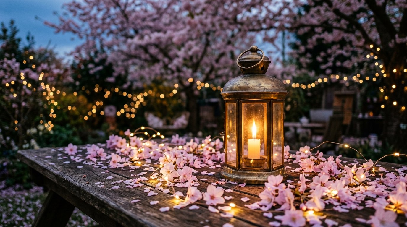 Candle lantern on wooden table with pink blossoms